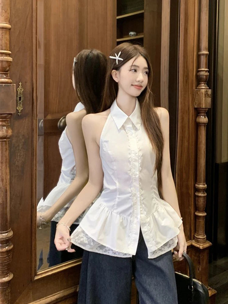 Lunivop  Sexy Backless Bow Shirt Women Sweet Lace Patchwork Slim White Blouse French Vintage Elegant Lady Summer Hollow Out Tops New