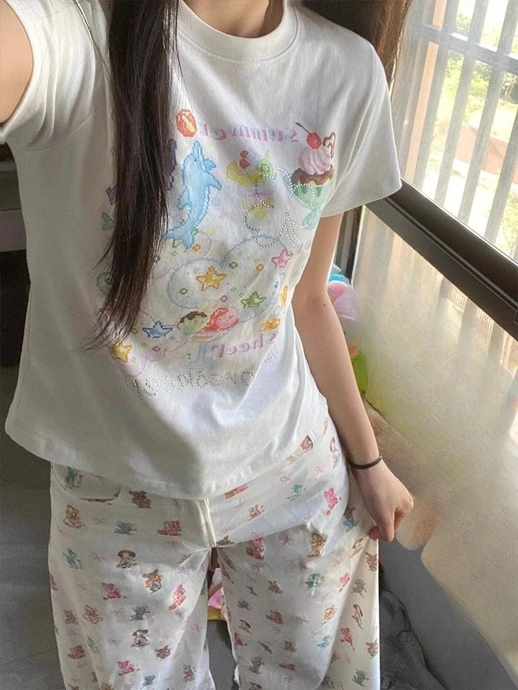 Lunivop  Sweet T Shirts Women Cartoon Printed Graffiti Short Sleeve Slim Stretch Summer Fashion Tops Female Casual Y2k Tshirt