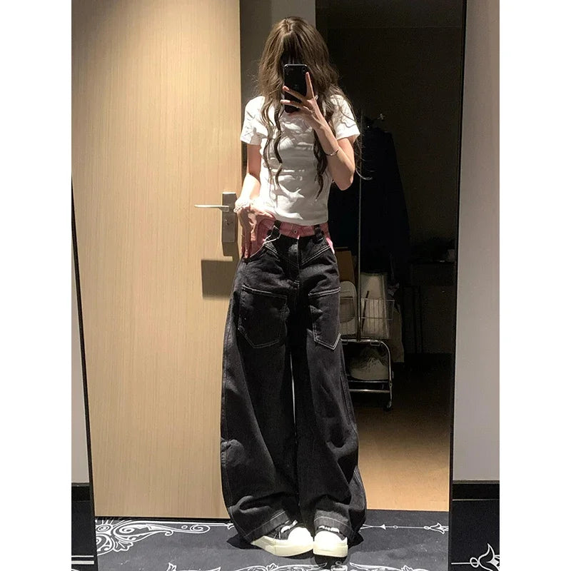 Lunivop Women's Splicing Black Jeans High Street Straight Leg Fashion Y2K Style American Summer Oversized Women's Loose Jeans 2025 NEW