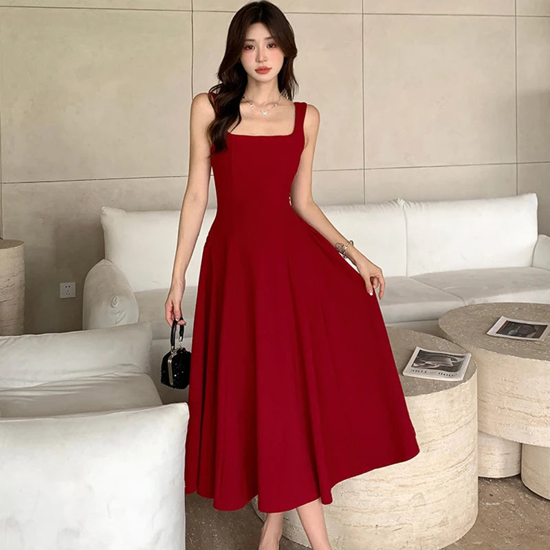 Lunivop  New White Square Collar Sling Sexy Long Dress Women Elegant Luxury Dance Party Dress Summer Korean Vintage Bodycon Vestidos