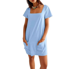 Lunivop  Women's Fashion Dress Loose Waist, Summer Short-sleeved Square Neck Pocket Casual Dress