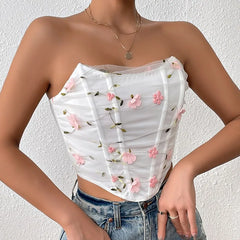 Lunivop  Fashion High Street American Strapless Corsets Shaper Exquisite Flower Embroidery Appliques Tank Top Y2k Summer All Match Tees