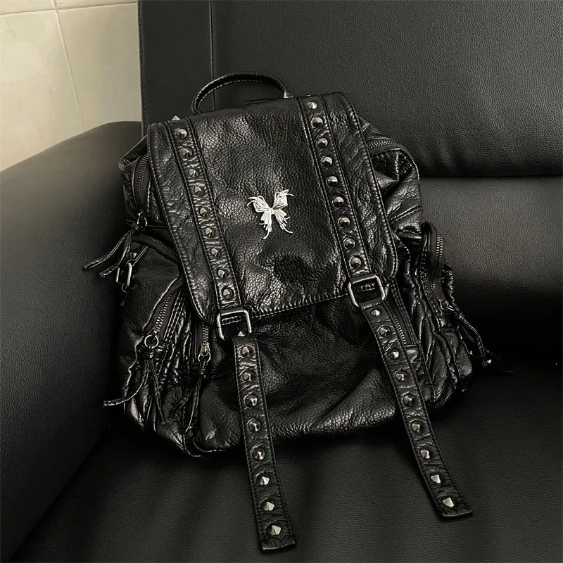 Lunivop Y2k Black Womens Backpack Vintage Fashion Gothic Soft Pu Leather School Backpack Large Capacity Men Casual Original Bag Sac