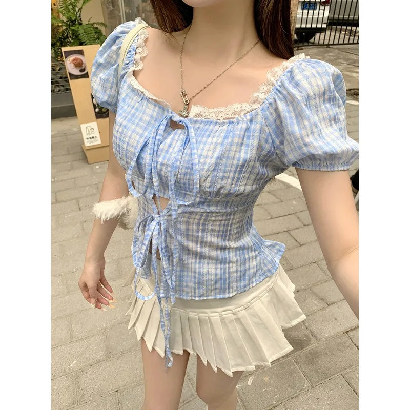 Lunivop  Blouse Women Sweet Elegant Plaid Lace Patchwork Bandage Puff Short Sleeve Crop Tops Square Collar Female Casual Shirts