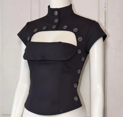 Lunivop  Euramerican Vintage Stand Collar Temperament Blouse Y2k Aesthetic Spliced Buttons Design Slim Fit Women Clothes French Punk Tops