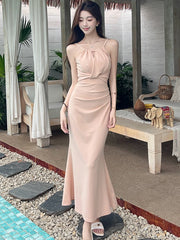 Lunivop  New Pink Pleated Bodycon Sling Sexy Long Dress Women Korean Vintage Luxury Dress Summer Elegant Festival Party Night Dress