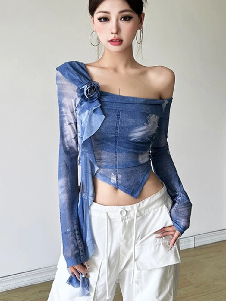 Lunivop 3D Floral Tie Dye T Shirts Women Sexy Off Shoulder Slim Y2K Tops Retro Streetwear Female Long Sleeve American Cropped Tees