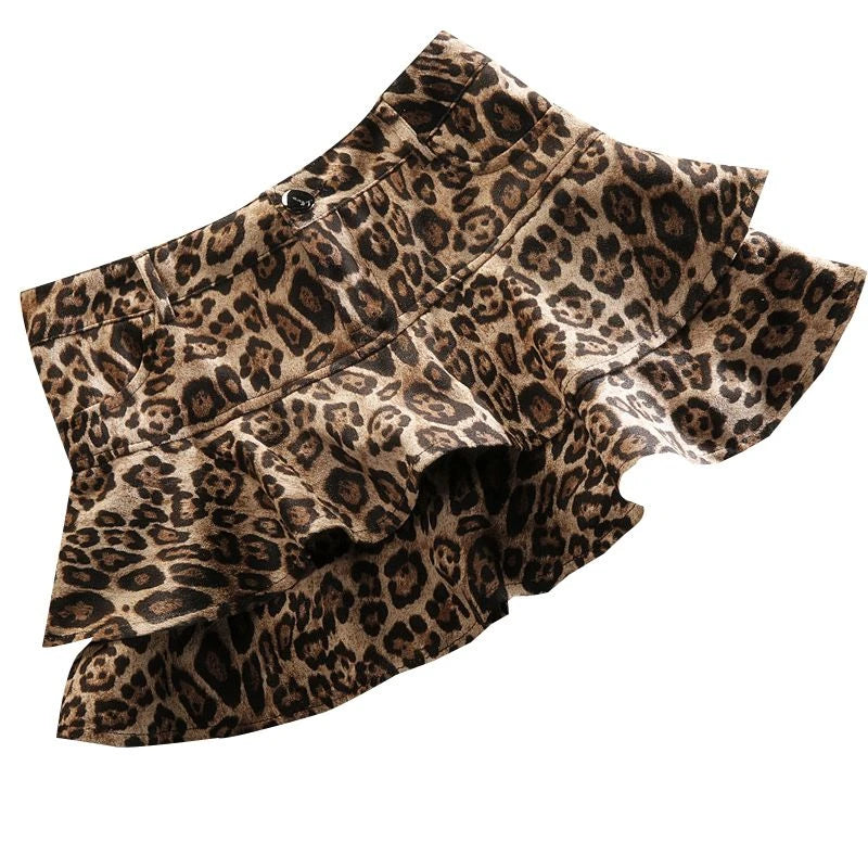 Lunivop Sexy Leopard Print Pleated Skirt Y2k Vintage Style Women High Waist Skirts Ruffle Mini Skirt Brown Female Streetwear