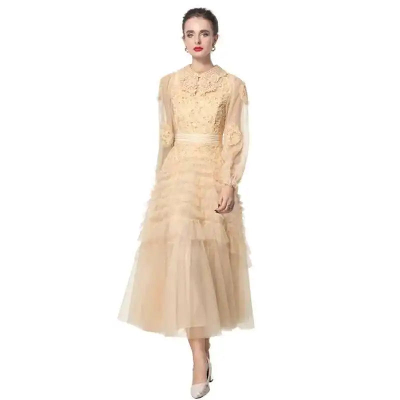 Lunivop Solid Mesh Dresses Women's 3D Flower Nail Bead Long Sleeve Hollow Out Waist Fashion Dress Female 2025 New