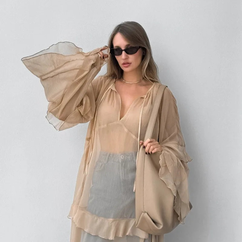 Lunivop Khaki Casual Loose Maxi Dress for Women Sexy See Through Bikini Cover Up Fashion Ruffle Long Sleeve Club Party Outfits 2024