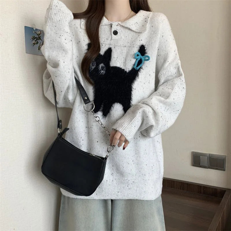 Lunivop Cute Cartoon Bow Sweaters Women Loose Vintage Long Sleeve Kawaii Knitted Jumper Japan Casual Preppy Style Retro Pullovers
