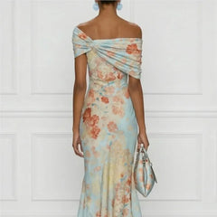 Lunivop  Elegant Party Bodycon Maxi Dress Women Summer Sexy Sleeveless Off Shoulder Floral Print Long Dresses Casual