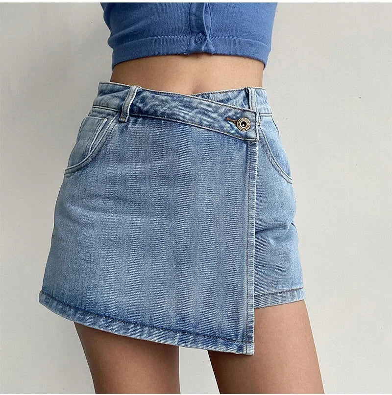 Lunivop Elegant Slimming High-waisted A- line Denim Shorts Women's Summer New 2023 Light Color Two-piece Illusion Design Slim Fit
