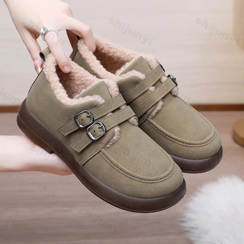 Lunivop Autumn Winter Casual Flat Shoes for Women Moccasins Soft Loafers Fashion Buckle Warm Plush Slip on Female Cotton Shoes