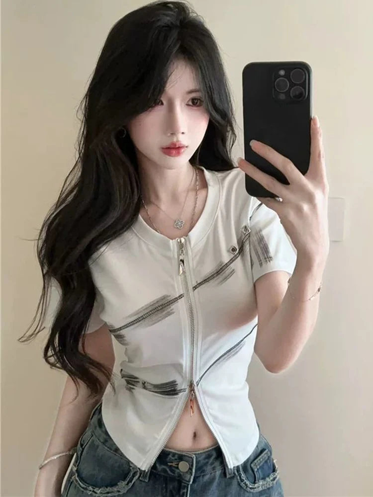 Lunivop Harajuku Y2K T Shirt Women Slim Sexy Cropped Double Zipper Vintage Tees Streetwear Vintage American Casual O Neck Lady Tops