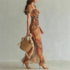 Lunivop  Floral Maxi Dress Woman Sexy Square Collar Ruched Split Bodycon Long Dress New Summer Puff Sleeve Ruffle Party Dress