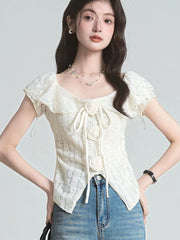 Lunivop  3D Floral Ruffles Sweet T Shirt Women Slim Sexy Cropped Short Sleeve Chic Tees Tops Korean Fashion Elegant Female T Shirts