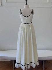 Lunivop  Contrast Color Spliced High Waist Tweed Sling Dresses For Women Hem Tassel Design Elegant Dress New Clothing