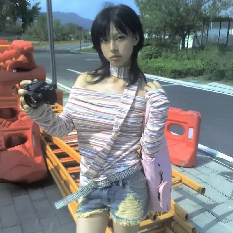 Lunivop Japanese Style Y2k Sexy T-shirt Off Shoulder Vintage Rainbow Striped Tops Harajuku 2000s Long Sleeve T-Shirt Aesthetics