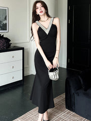 Lunivop  Women Korean Vintage Hepburn Luxury Mermaid Dress Summer Black Patchwork White Diamonds Sling Dress 2025 Elegant Bodycon Dresses