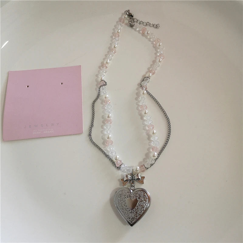 Lunivop Gothic Cute Y2K Stainless Steel Bow Heart Pink Cross Pendant Beaded Pearl Snake Chain Necklace For Egirl 2000s EMO Acssesories