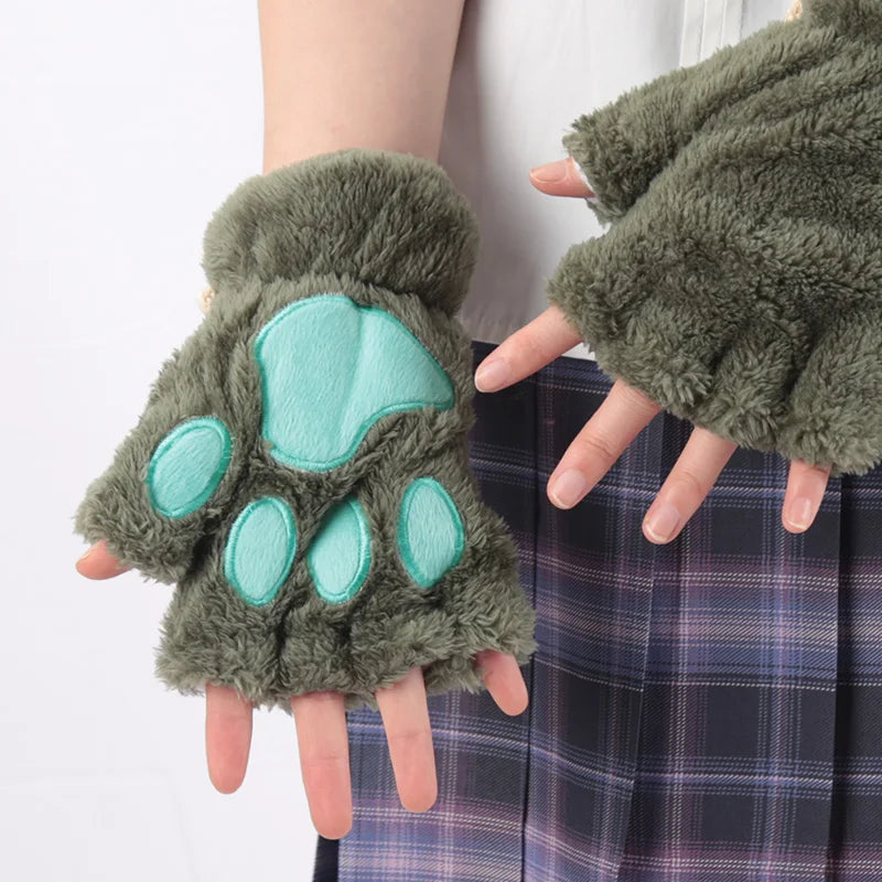 Lunivop Women Cartoon Cat Claw Gloves Thickened Plush Lovely Style Bear Paw Exposed Fingers Half Winter Mittens Warm Girls Gift Gloves