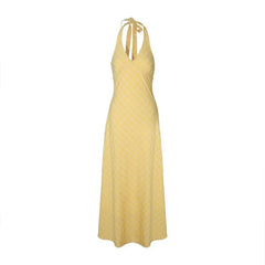 Lunivop Elegant Sweet V-neck Long Dress Women Butter Yellow Casual Sexy Beach Midi Dresses Korean Style Lace Up Dress Backless