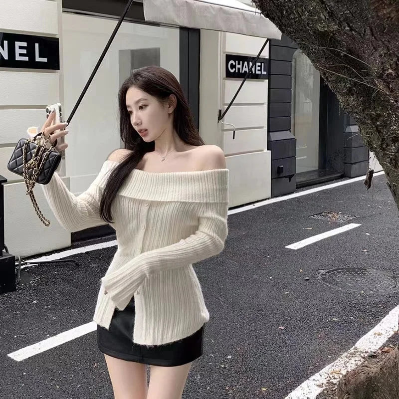 Lunivop Off Shoulder Knit Top for Women Button Front Long Sleeve Off-The-Shoulder Ribbed Fitted Tops Women Pullovers Sweater Y2K Outfit