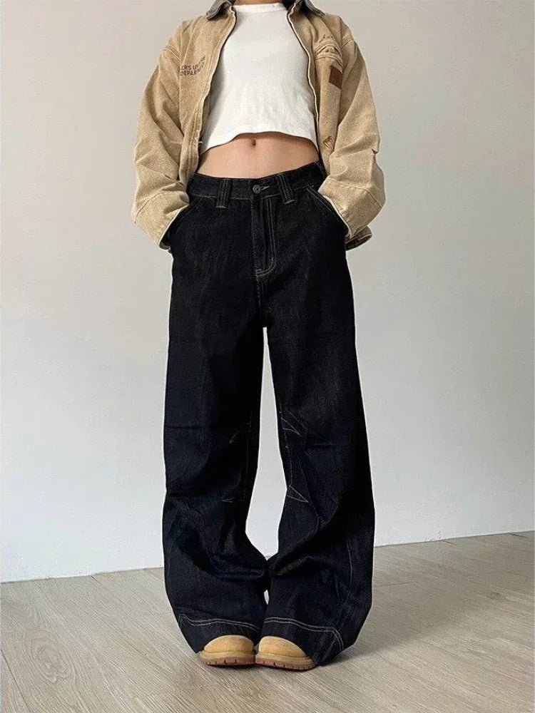 Lunivop Grunge Black Jeans Women Y2k Vintage Oversized High Street Wide Cargo Denim Trousers Casual Baggy Straight Denim Pants
