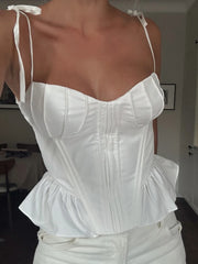 Lunivop White Casual Ruffle Hem Lace Up Strap Sling Vest Sexy Off Shoulder V-neck Backless Tops Ladies Fashion Sumemr Top