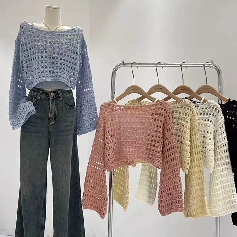 Lunivop Long Sleeve Crochet Knit Top Summer Beach Bikini Cover Up Crop Pullover Wool Knitwear Blouse Women Vacation Boho Outfit
