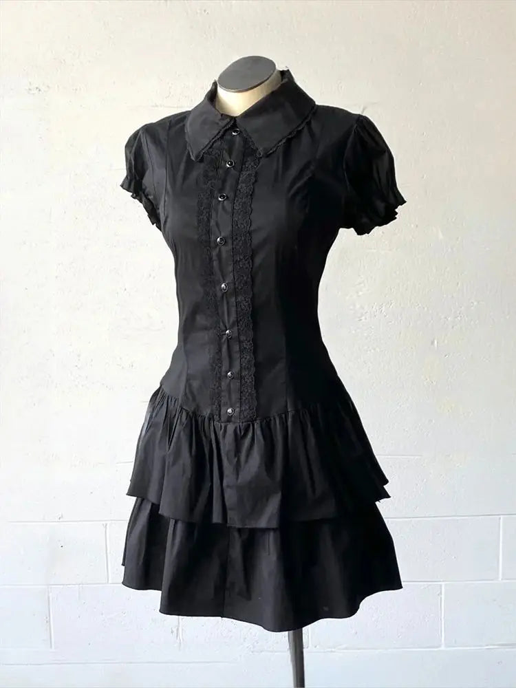 Lunivop  Y2k Vintage Black Lace Shirt Dress for Women Slim Waist All-match Dresses Summer New Short Sleeve Vestidos De Mujer