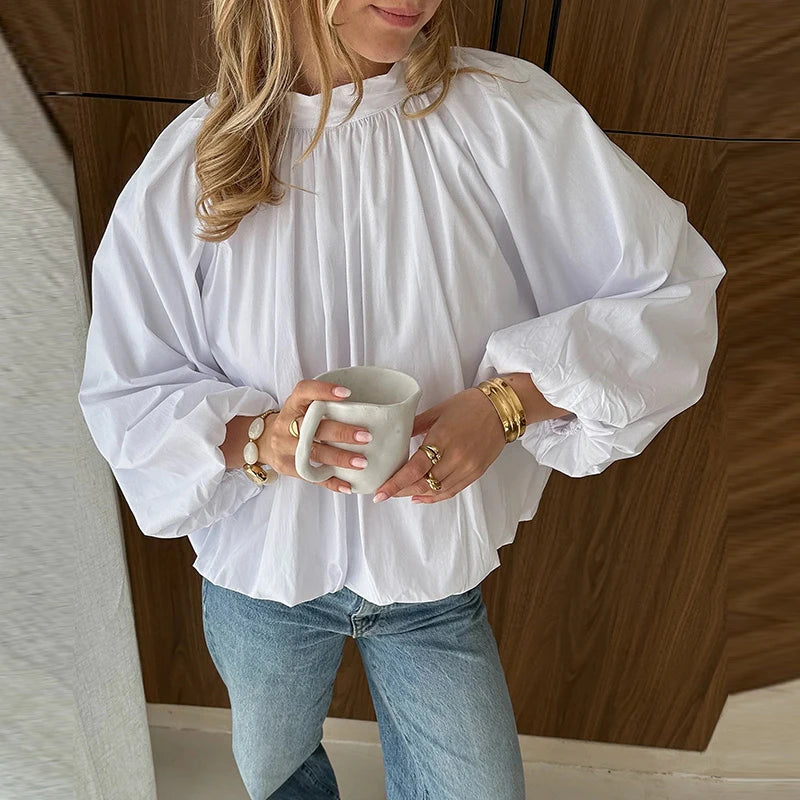 Lunivop   Fashion Women's Bowknot Shirt Pleated Long Sleeve O-Neck Backless Lady Shirts Solid Spring Summer Elegant Women Loose Top 2025