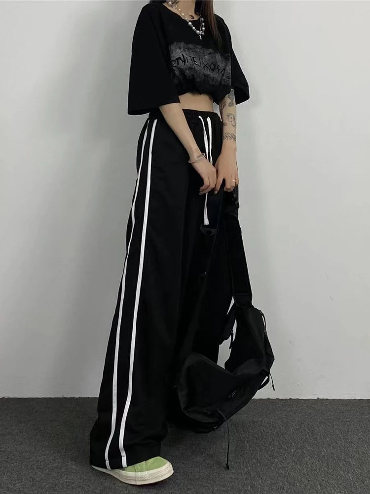 Lunivop  Streetwear Loose Striped Black Trousers Women High Waist Casual Sweatpants Korean Preppy Style Student Chic Wide Leg Pants