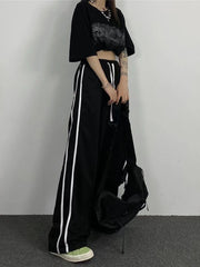 Lunivop  Streetwear Loose Striped Black Trousers Women High Waist Casual Sweatpants Korean Preppy Style Student Chic Wide Leg Pants