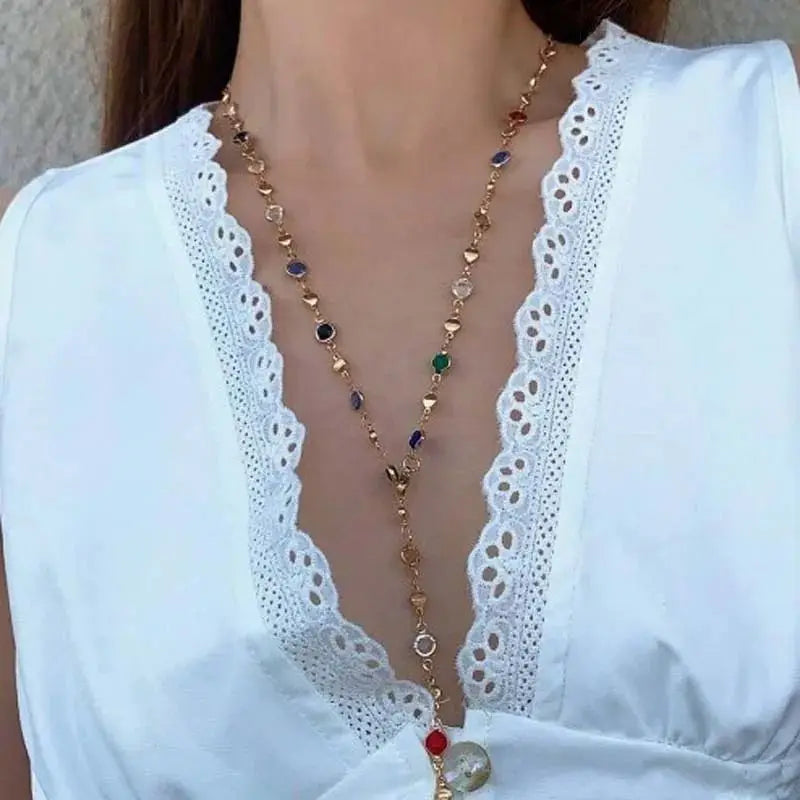 Lunivop Fashion Colorful Crystal Chain Necklace for Women Simple Silver Color Long Y-shaped Clavicle Chain Necklace Party Jewelry Gifts