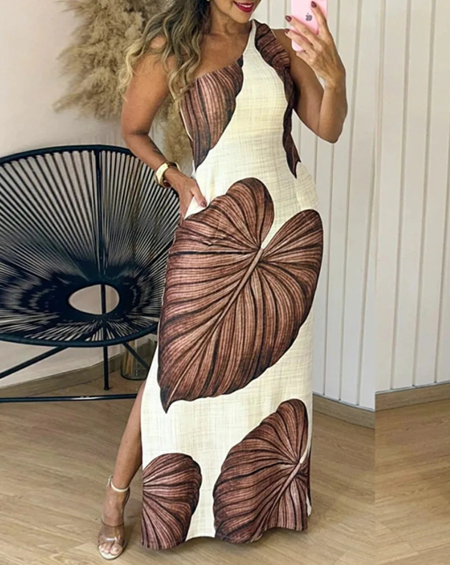 Lunivop  Womens Dresses Tropical Print One Shoulder Bodycon Slit Dress Sexy Slim Fit Maxi Dress Simple Commuting Elegant Dress