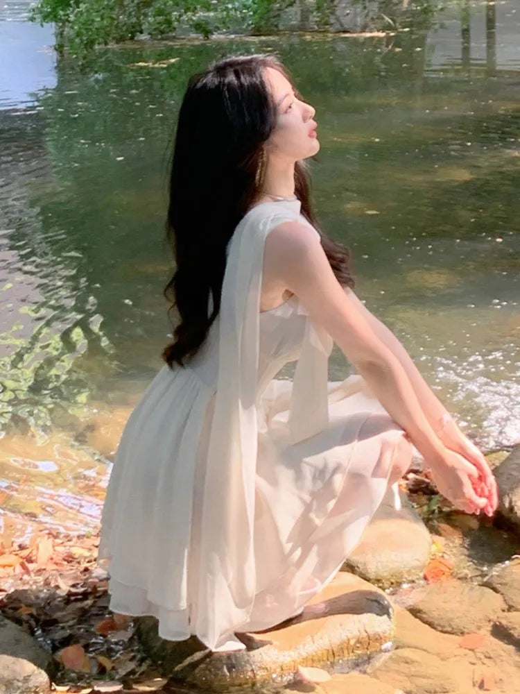 Lunivop  Women French White Chiffon Dresses Summer Elegant Sleeve Slim Puff Sleeve bodycon Gentle Fairy Short Dress