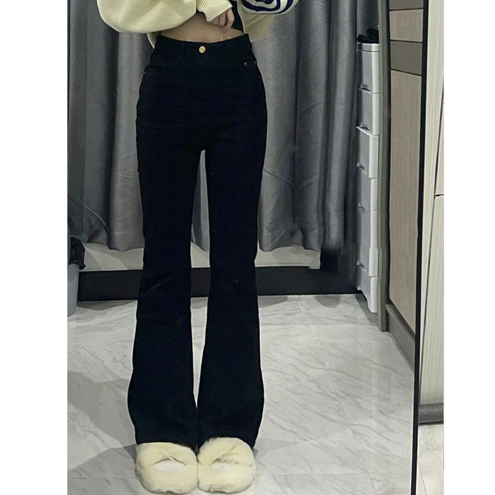 Lunivop Korean Black Flare Jeans Women Vintage Y2K Denim Pants High Waist Slim Fit Stretch Tall and Thin Casual Solid Lady Trousers