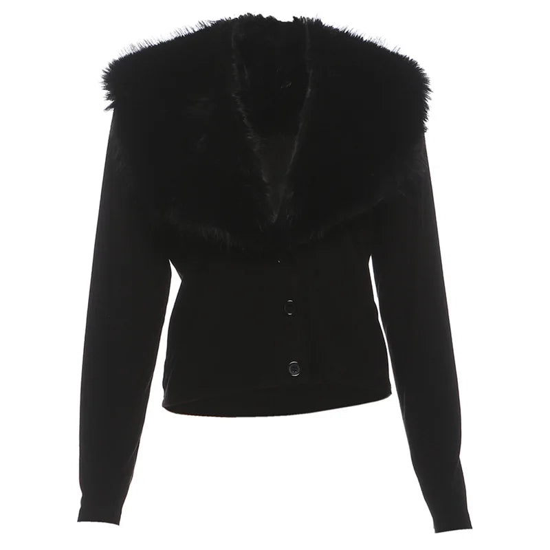 Lunivop  Women Fashion Furry Collar Patchwork Ribbed Cardigans Sexy V Neck Long Sleeve Single Breasted Slim Casual Coats Streetwear Tops