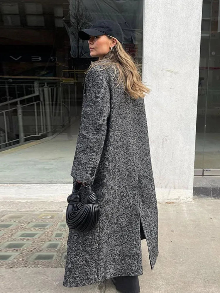 Lunivop Elegant Turn-down Collar Woolen Long Coats Women Casual Loose Dark Grey Double Breasted Straight Coat Female Autumn Winter Tops