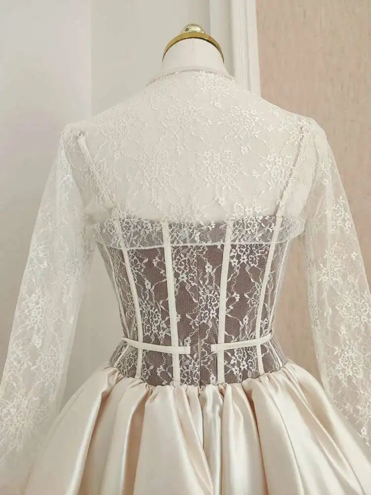 Lunivop  French Style Lace-up Mesh Splicing Women Dress Block Color Lace Long Sleeve Dresses With Shorts 2025 Spring New