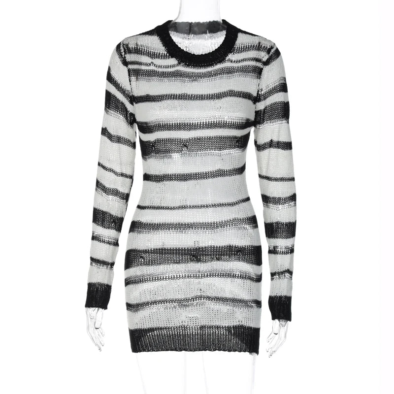 Lunivop Knitting Rib Long Sleeve Striped O Neck Hollow Out Mini Daily Women'S Dresses Summer Autumn Casual Clothes