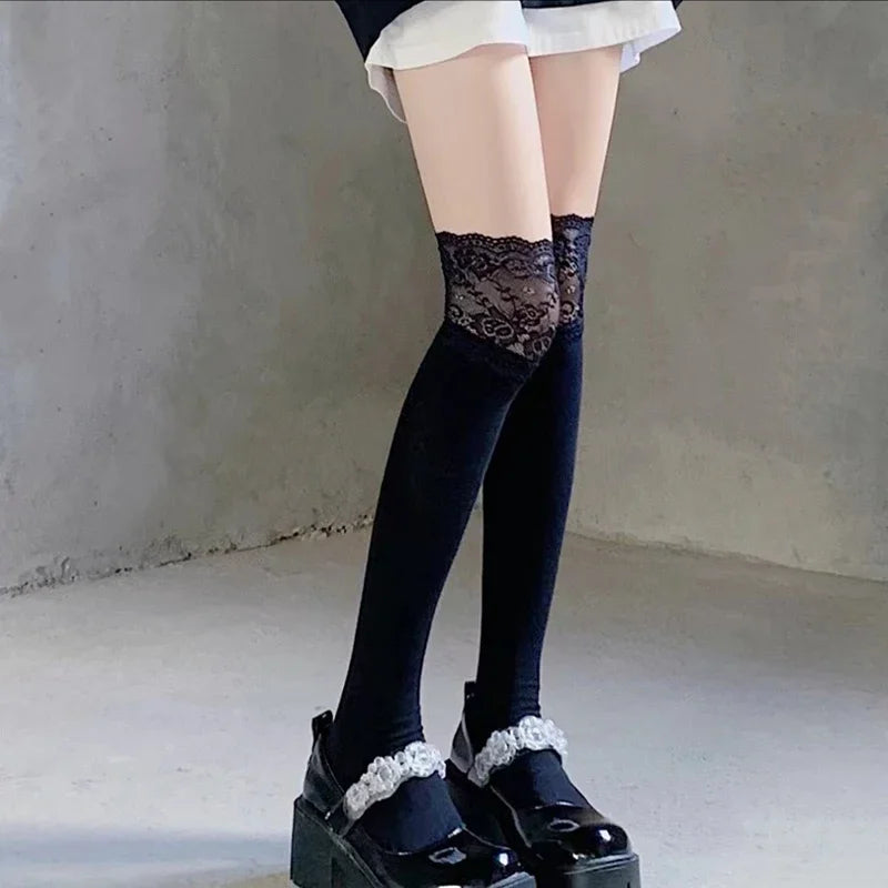 Lunivop Boot Socks Autumn/Winter Solid Color Thigh High Lace Cute Lolita Thick Warm Stockings Sexy Black White Long Leg Socks for Women