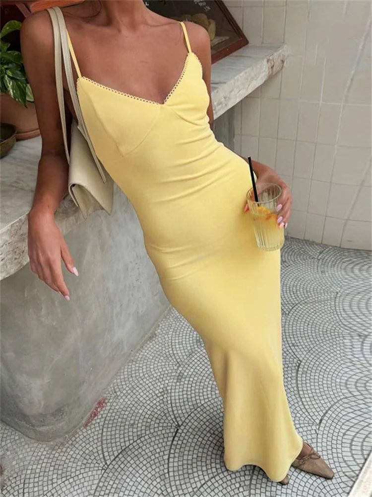Lunivop V-Neck Summer Halter Dresses Female Backless High Waist Slim Sexy Solid Patchwork Spaghetti Y2k Women's Long Dress&nbsp;