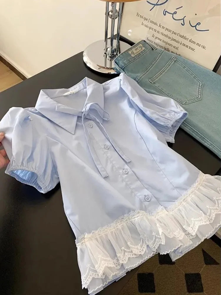 Lunivop  Casual Sweet Blue Shirt Women Cute Lace Patchwork Bow Blouse Vintage French Preppy Style Short Sleeve Elegant Kawaii Tops