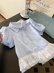 Lunivop  Casual Sweet Blue Shirt Women Cute Lace Patchwork Bow Blouse Vintage French Preppy Style Short Sleeve Elegant Kawaii Tops