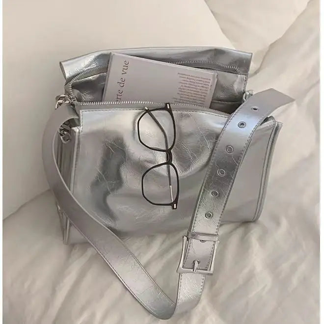 Lunivop  Retro Hot Girl Silver Harajuku Tote Bag Women Chain Square Leather Large Capacity Shoulder Bag Ladies Fashion Y2k Crossbody Bags