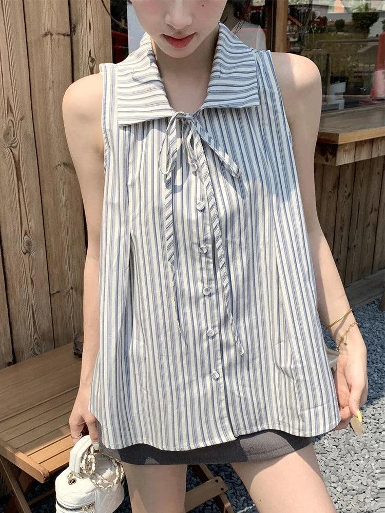 Lunivop  Sweet Sleeveless Striped Shirts Women Loose Sweet Vintage Lace Up Blouse French Elegant Casual Summer Female All Match Tops
