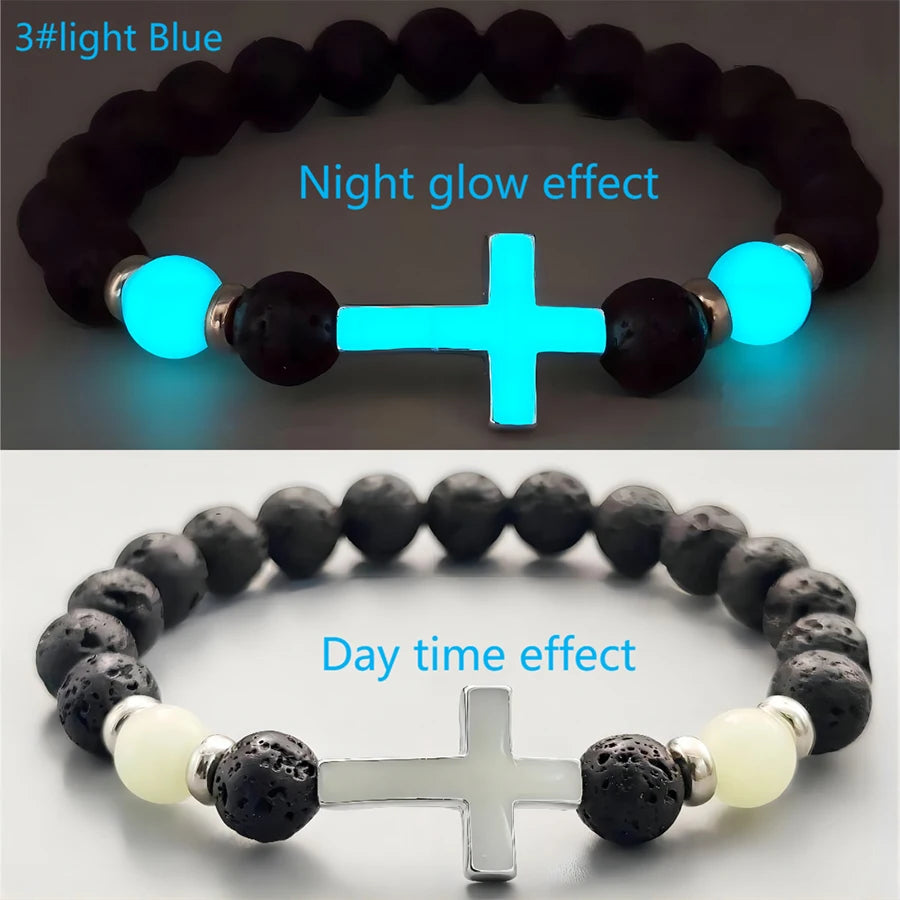 Lunivop New Fashion Vintage Luminous Cross Volcano Stone Beaded Bracelet for Women Men Niche Design Hiphop Party Jewelry Gifts